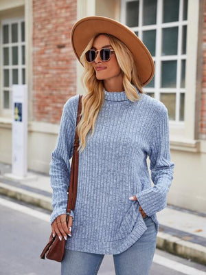 Ribbed Turtleneck Long Sleeve Slit Knit Top-Teresa's Fashionista LLC