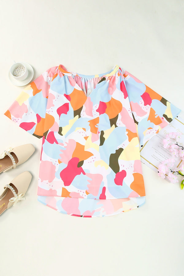 Printed Notched Neck Half Sleeve Blouse-Teresa's Fashionista LLC