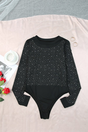 Rhinestone Round Neck Long Sleeve Bodysuit-Teresa's Fashionista LLC