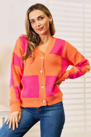 Woven Right Checkered V-Neck Dropped Shoulder Cardigan-Teresa's Fashionista LLC