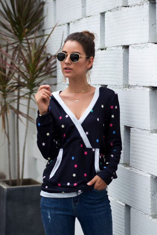 Star Print Kangaroo Pocket Hoodie-Teresa's Fashionista LLC