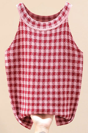 Plaid Round Neck Sleeveless Knit Top-Teresa's Fashionista LLC