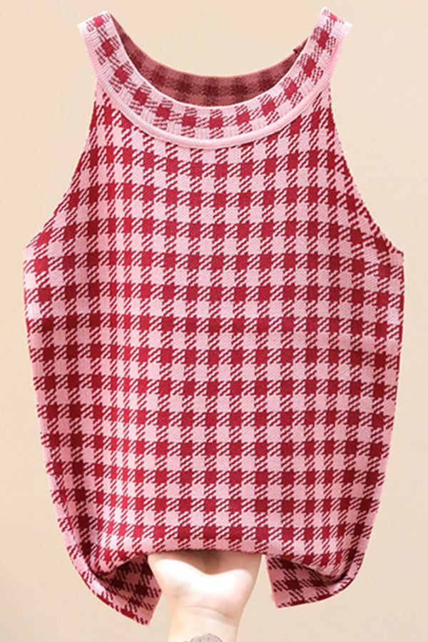 Plaid Round Neck Sleeveless Knit Top-Teresa's Fashionista LLC
