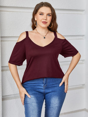 Plus Size V-Neck Cold-Shoulder Blouse-Teresa's Fashionista LLC