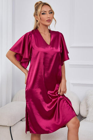 Satin Flutter Sleeve Side Slit V-Neck Night Dress-Teresa's Fashionista LLC