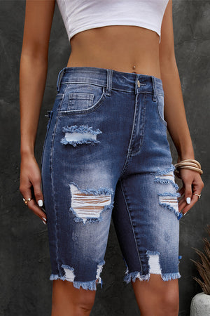 Distressed Frayed Hem Denim Bermuda Shorts-Teresa's Fashionista LLC