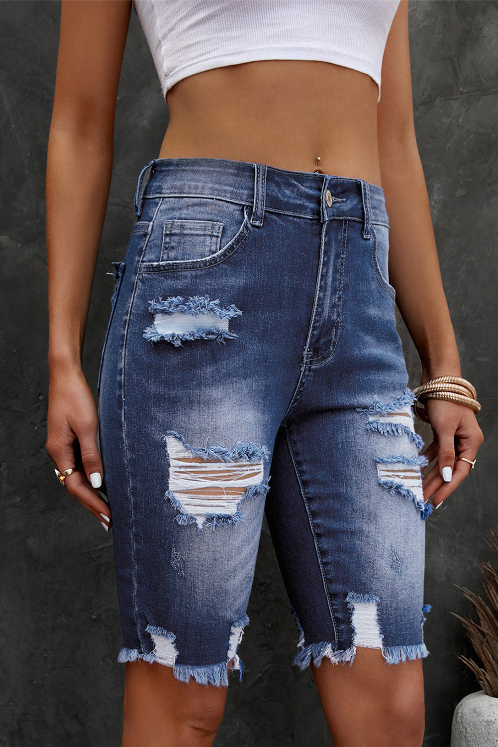 Distressed Frayed Hem Denim Bermuda Shorts-Teresa&#39;s Fashionista LLC