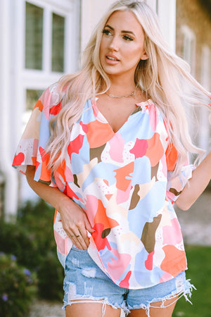 Printed Notched Neck Half Sleeve Blouse-Teresa's Fashionista LLC