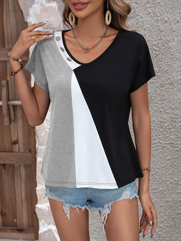 Color Block Decorative Button V-Neck Tee-Teresa's Fashionista LLC