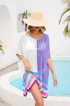 Contrast Scoop Neck Openwork Half Sleeve Cover Up-Teresa's Fashionista LLC