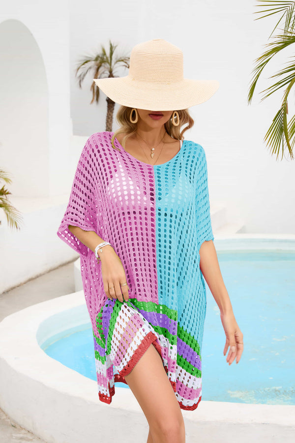 Contrast Scoop Neck Openwork Half Sleeve Cover Up-Teresa's Fashionista LLC