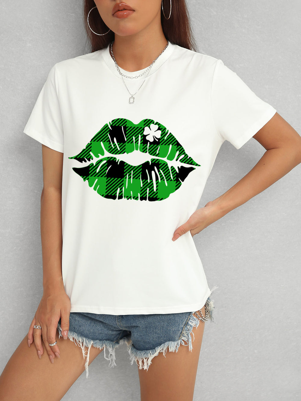 Plaid Lip Graphic Round Neck T-Shirt-Teresa's Fashionista LLC