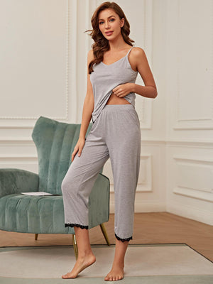 V-Neck Lace Trim Slit Cami and Pants Pajama Set-Teresa's Fashionista LLC