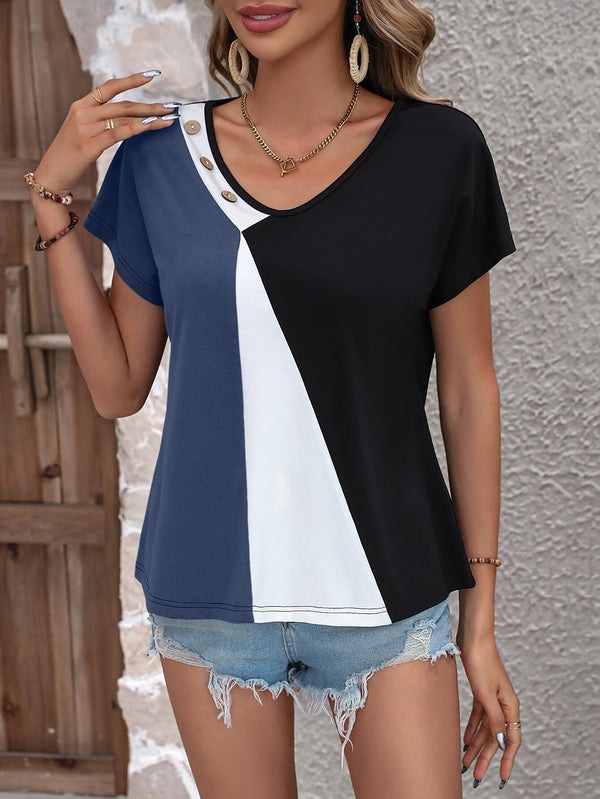 Color Block Decorative Button V-Neck Tee-Teresa's Fashionista LLC