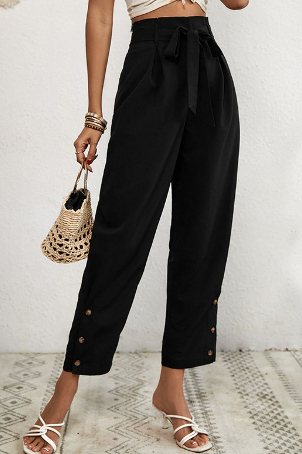 Buttoned Tie-Waist Cropped Pants-Teresa's Fashionista LLC