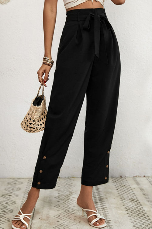Buttoned Tie-Waist Cropped Pants-Teresa's Fashionista LLC