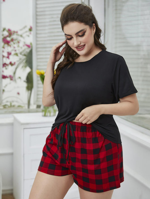Plus Size Round Neck Tee Shirt and Plaid Shorts Lounge Set-Teresa's Fashionista LLC