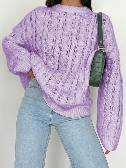 Openwork Round Sleeve Cable-Knit Sweater-Teresa&#39;s Fashionista LLC