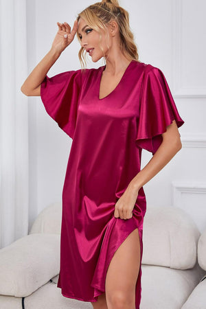 Satin Flutter Sleeve Side Slit V-Neck Night Dress-Teresa's Fashionista LLC