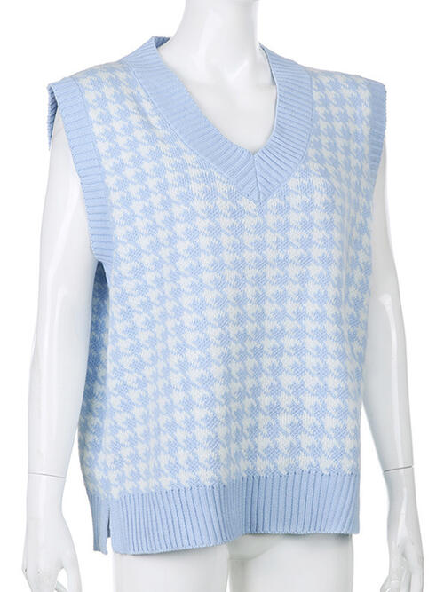 Houndstooth V-Neck Sweater Vet-Teresa&#39;s Fashionista LLC