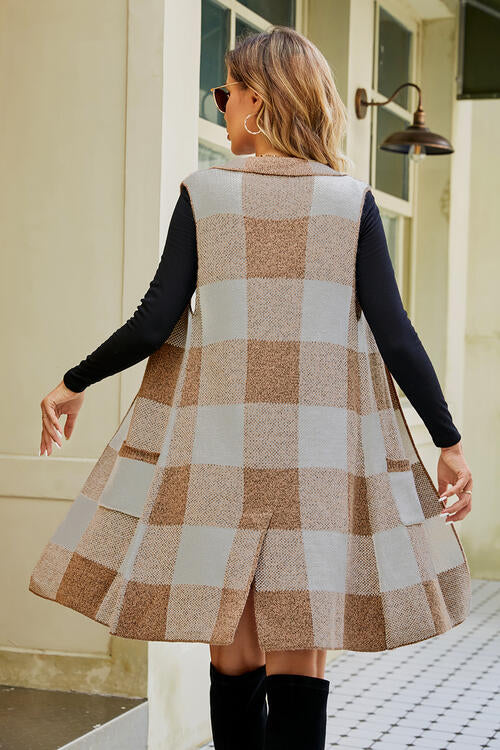 Plaid Open Front Sleeveless Cardigan with Pockets-Teresa's Fashionista LLC