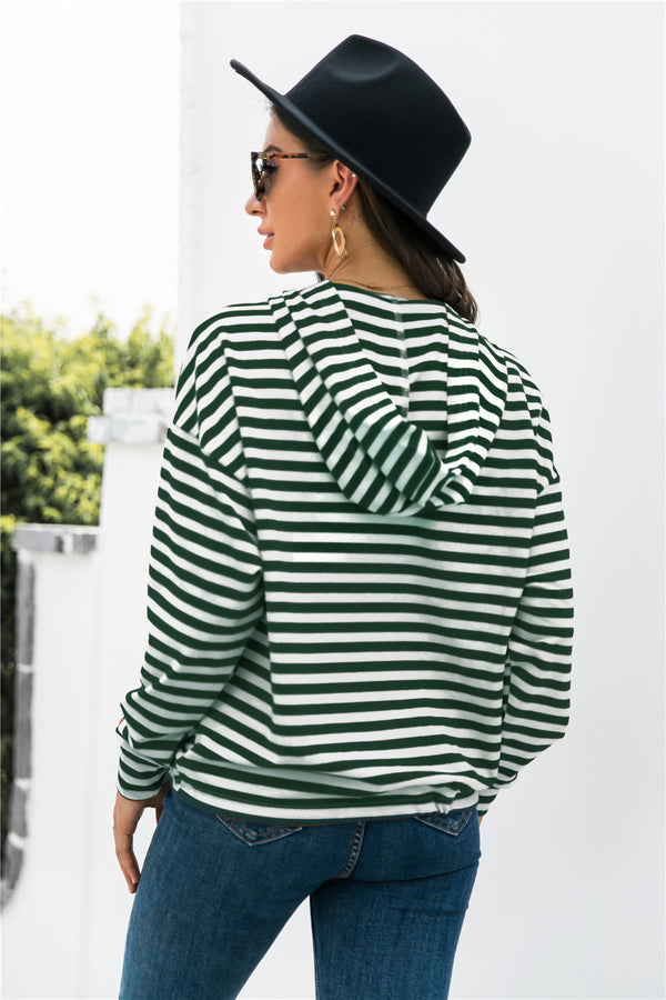 Striped Half-Button Dropped Shoulder Hoodie-Teresa's Fashionista LLC