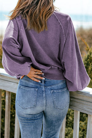 Quarter-Snap Collared Lantern Sleeve Sweatshirt-Teresa's Fashionista LLC