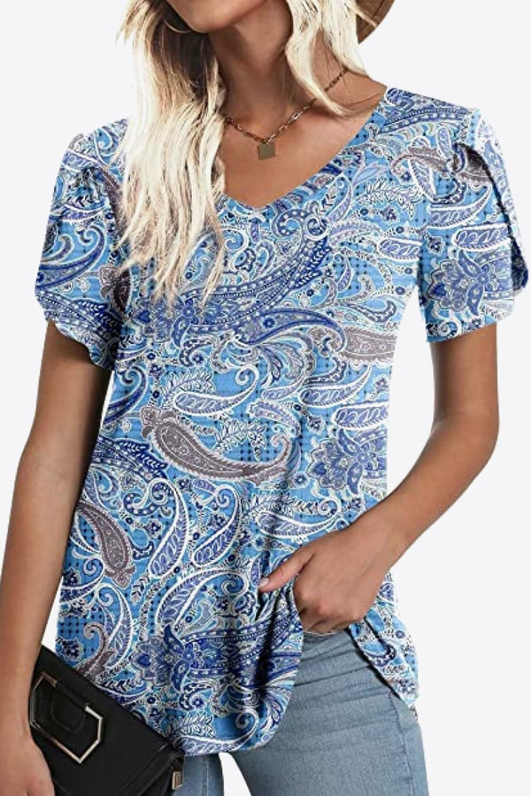 Printed Petal Sleeve V-Neck Blouse-Teresa's Fashionista LLC
