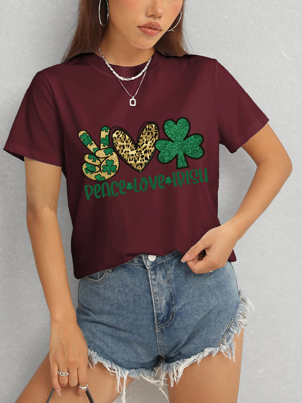 PEACE LOVE IRISH Round Neck Short Sleeve T-Shirt-Teresa's Fashionista LLC