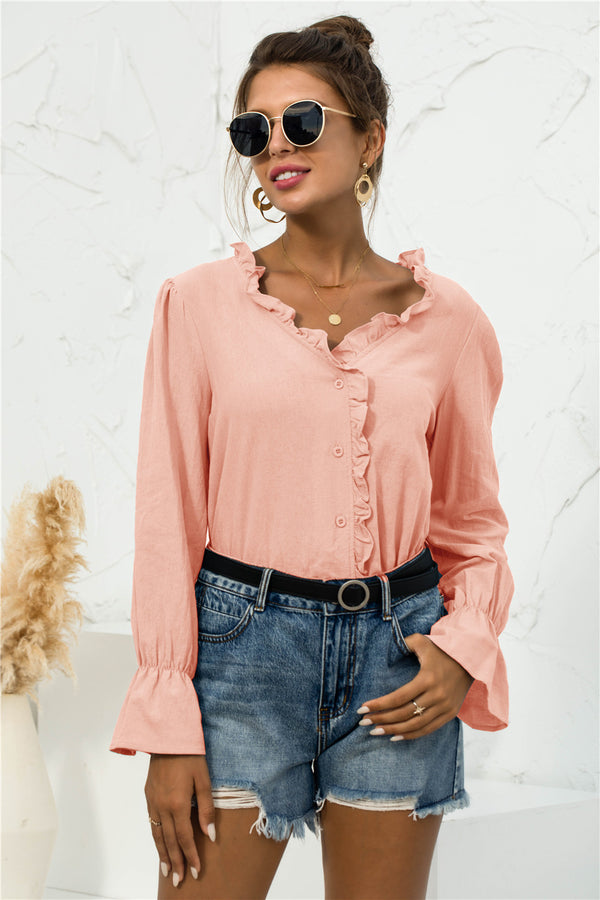 Frill Trim V-Neck Flounce Sleeve Shirt-Teresa's Fashionista LLC
