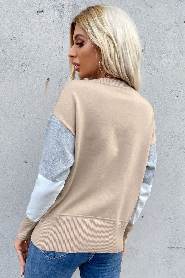 Color Block Ribbed Trim Round Neck Knit Pullover-Teresa's Fashionista LLC