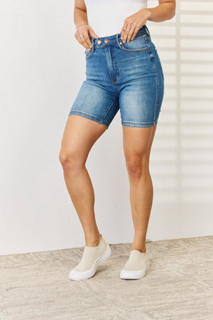 Judy Blue Full Size Tummy Control Double Button Bermuda Denim Shorts-Teresa's Fashionista LLC