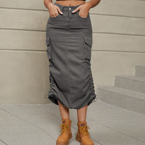 Drawstring Ruched Slit Denim Midi Skirt-Teresa's Fashionista LLC