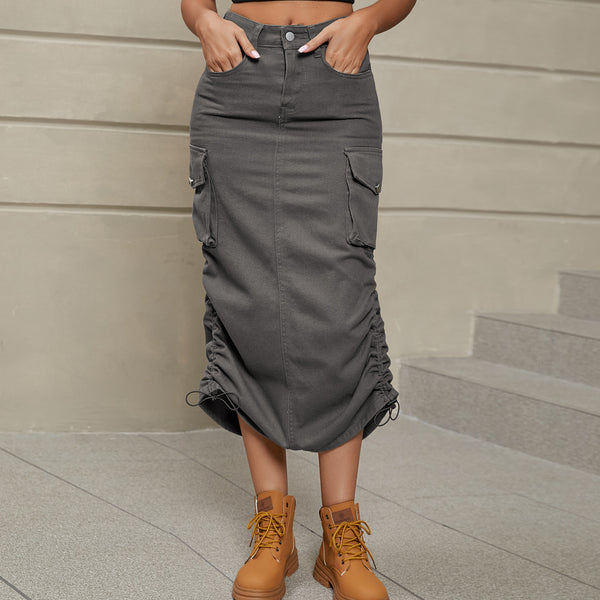 Drawstring Ruched Slit Denim Midi Skirt-Teresa's Fashionista LLC