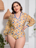 Plus Size Floral Open Back Long Sleeve One-Piece Swimsuit-Teresa's Fashionista LLC