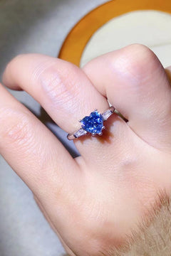 1 Carat Moissanite Heart-Shaped Platinum-Plated Ring in Blue-Teresa's Fashionista LLC