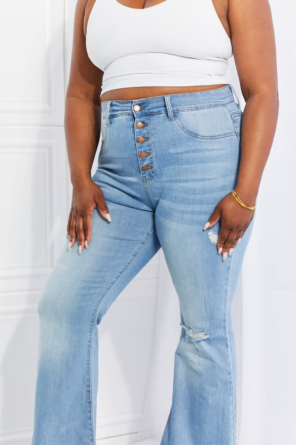 Vibrant MIU Full Size Jess Button Flare Jeans-Teresa's Fashionista LLC