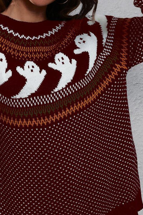 Ghost Pattern Round Neck Long Sleeve Sweater-Teresa's Fashionista LLC