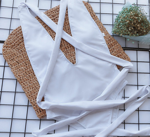 Halter Neck Deep V Tied One-Piece Swimsuit-Teresa's Fashionista LLC