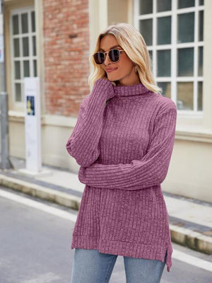 Ribbed Turtleneck Long Sleeve Slit Knit Top-Teresa's Fashionista LLC