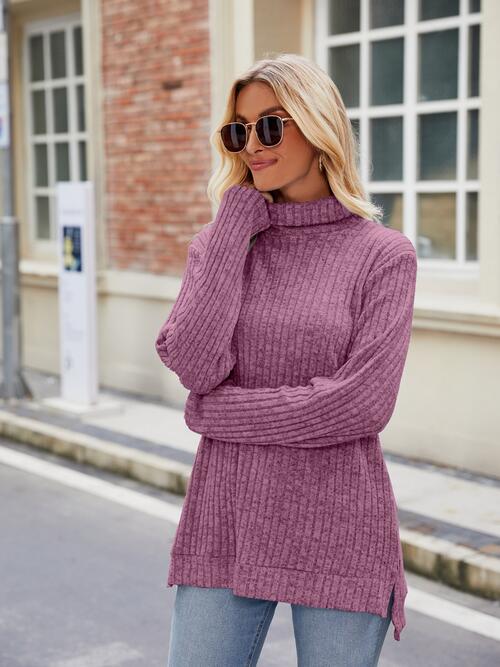 Ribbed Turtleneck Long Sleeve Slit Knit Top-Teresa's Fashionista LLC
