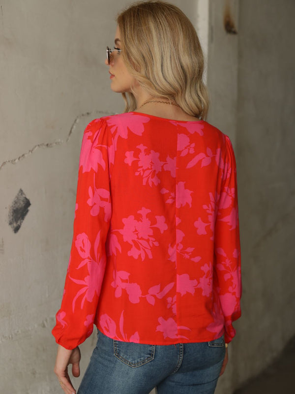 Printed Tie Neck Long Sleeve Blouse-Teresa's Fashionista LLC