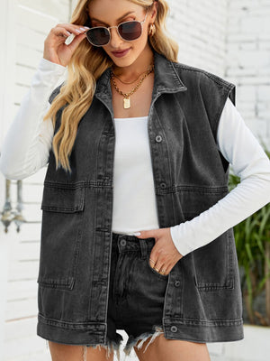Collared Neck Sleeveless Denim Top with Pockets-Teresa's Fashionista LLC