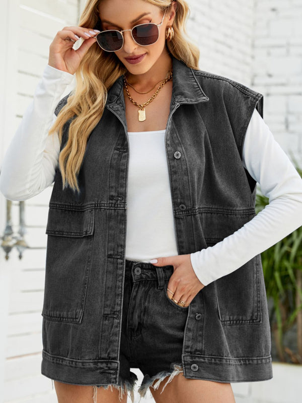 Collared Neck Sleeveless Denim Top with Pockets-Teresa's Fashionista LLC