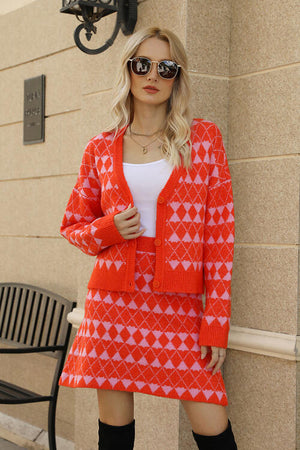 Geometric Button Front Cardigan and Skirt Set-Teresa's Fashionista LLC