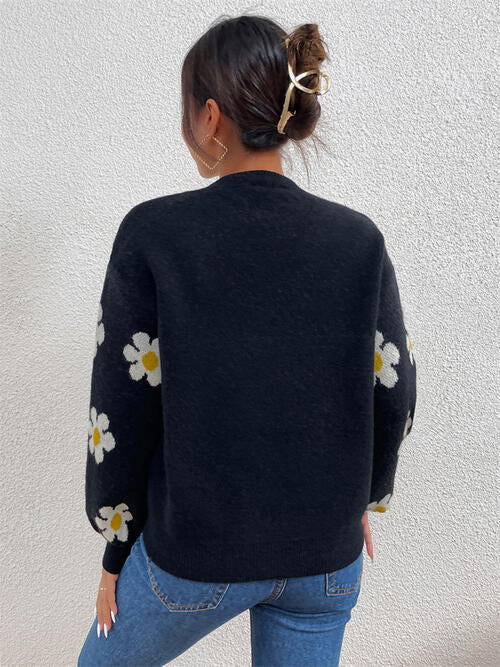 Flower Round Neck Latern Sleeve Sweater-Teresa&#39;s Fashionista LLC