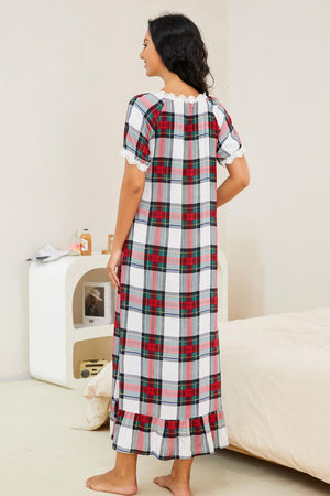 Plaid Lace Trim Ruffle Hem Night Dress-Teresa's Fashionista LLC