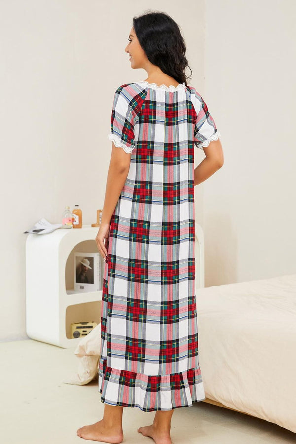 Plaid Lace Trim Ruffle Hem Night Dress-Teresa's Fashionista LLC