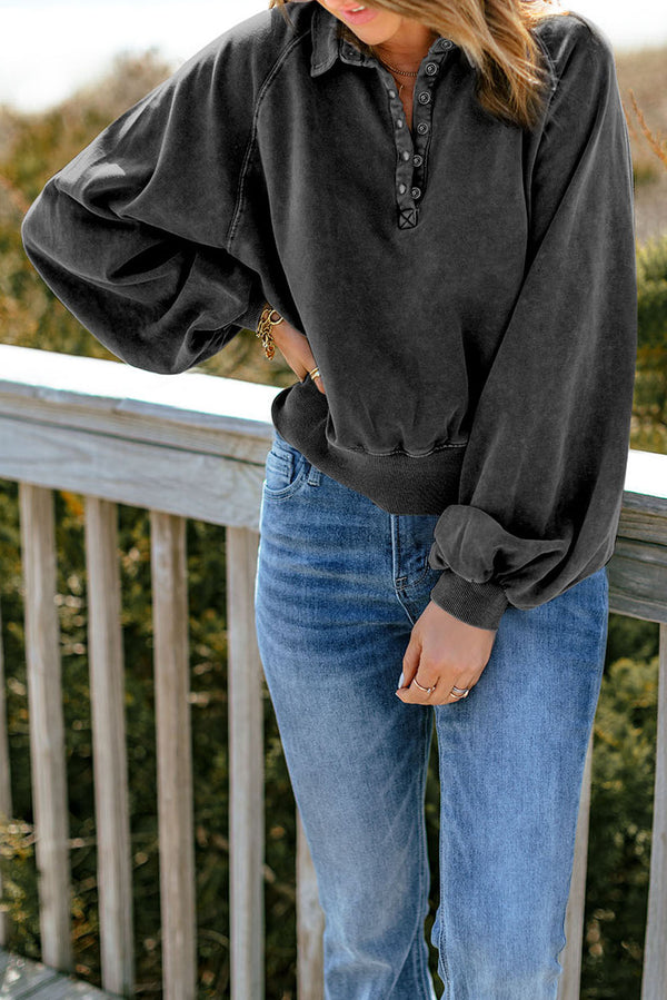 Quarter-Snap Collared Lantern Sleeve Sweatshirt-Teresa's Fashionista LLC