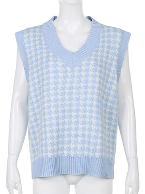 Houndstooth V-Neck Sweater Vet-Teresa's Fashionista LLC